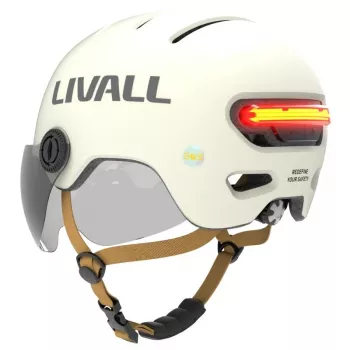 Aizsargķivere Livall L23 balta 58–62 cm ar integrētām LED gaismām un SOS funkciju, ar aizsargvizieri