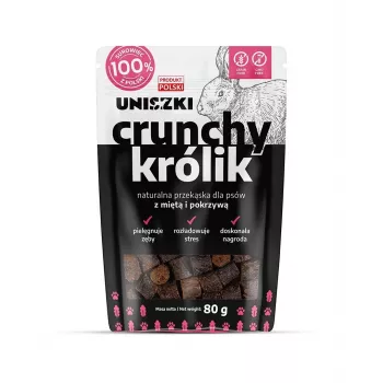 Suņu našķi UNISZKI Crunchy Rabbit ar mētru un nātru 80 g — truša gaļas, mētras, nātres kraukšķīgas uzkodas