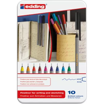 Edding 55 flomāsteru pildspalvu komplekts, 10 gab. — smalki 0,3 mm uzgaļi; dažādas krāsas