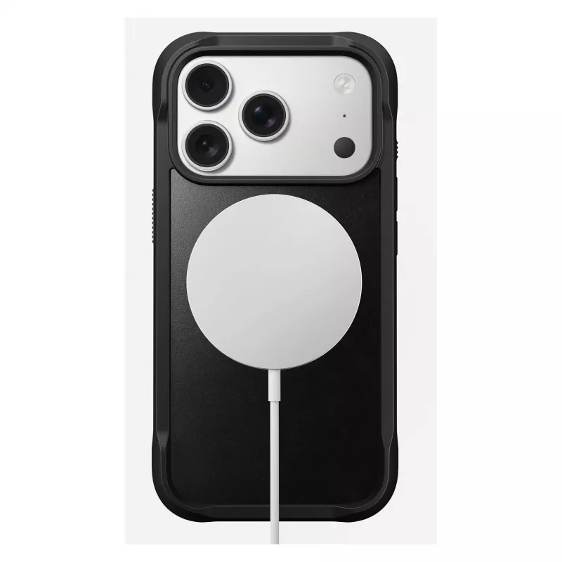 Mobilā tālruņa maciņš Nomad Rugged Leather vāciņš Apple iPhone 17 Pro, āda/TPU/PC/alumīnijs, piemērots 16 cm (6,3 collu) ekrāniem, melns