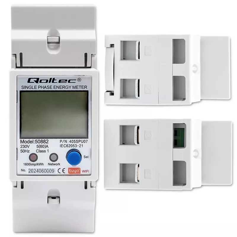 Qoltec 50882 Vienfāzes elektroniskais enerģijas patēriņa skaitītājs DIN sliedei | Wi-Fi | TUYA | 230V | LCD