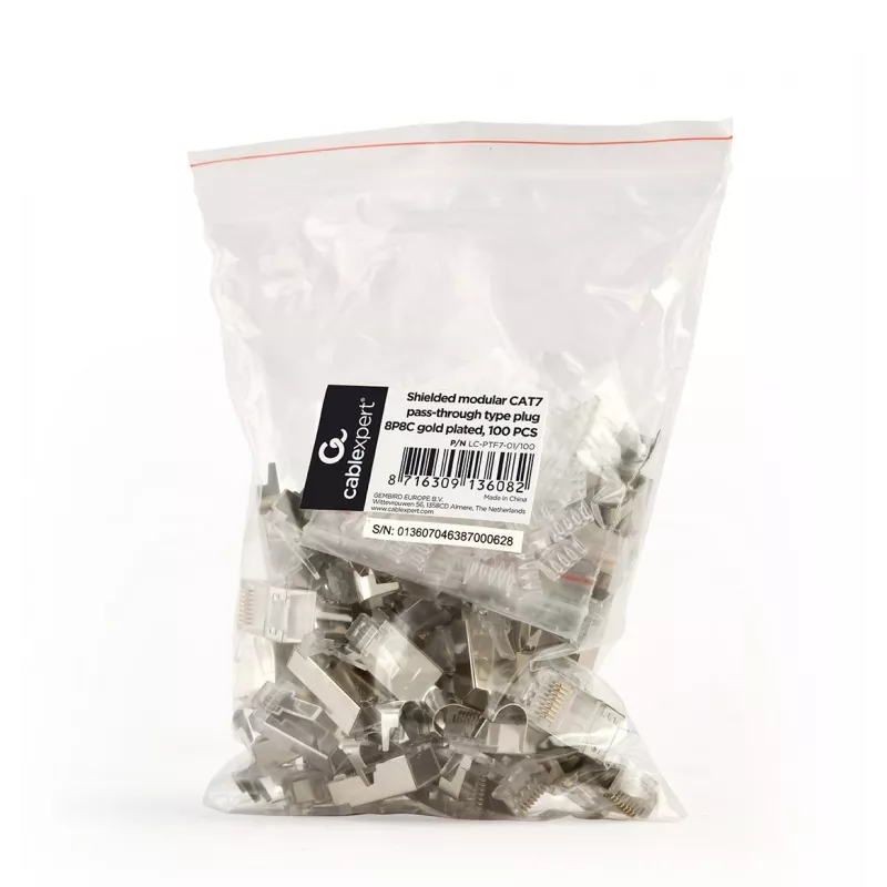 RJ45 savienotāji GEMBIRD CAT7 8P8C apzeltīti 15µ FTP/SFTP, iepakojumā 100 gab.