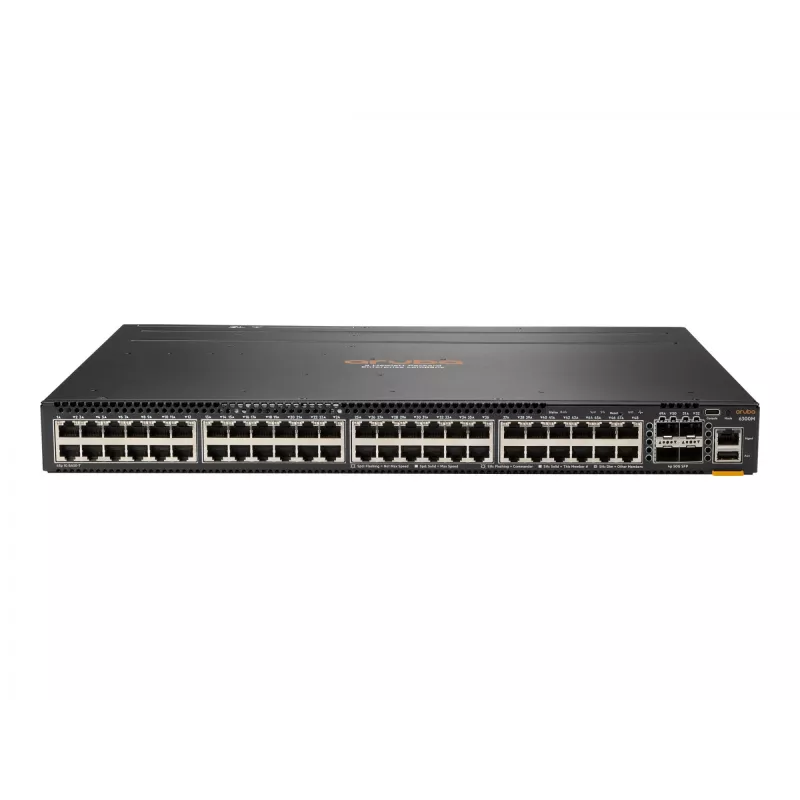 HPE - Aruba 6300M - Slēdzis - L3 - pārvaldīts - 48 x 10/100/1000 (1 PoE+) + 4 x 1 Gigabits / 10 Gigabits / 25 Gigabits / 50 Gigabits SFP56 (Augšupielāde / Sakraušana) Priekšpuse un Sāni uz Aizmuguri