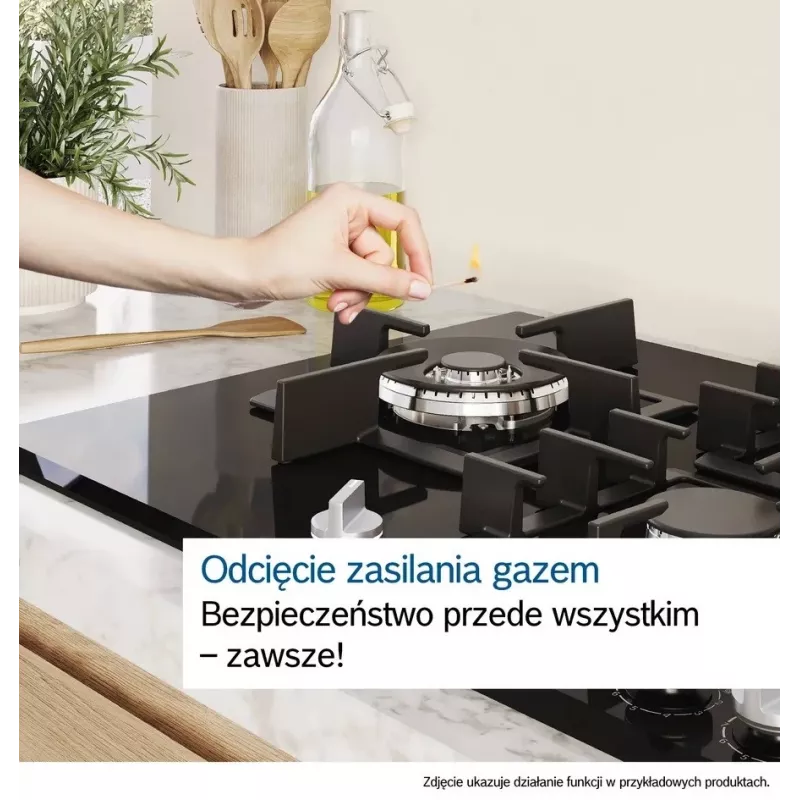 Iebūvējamā gāzes plīts virsma Bosch Serie 2 POP6B6K30 60 cm, 4 gāzes zonām, melns rūdīts stikls, grozāmie slēdži