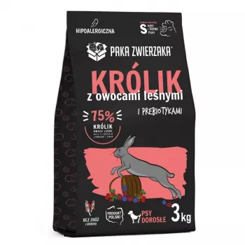 Sausā barība suņiem PAKA ZWIERZAKA Trusis ar meža augļiem S 3 kg — pieaugušiem maziem/vidējiem suņiem, 29% olbaltumvielu, 16% tauku, bez glutēna un sojas