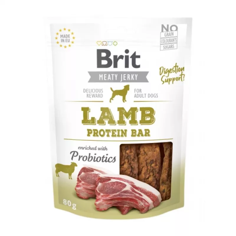 Suņu gardums Brit Jerky Lamb Protein batoniņš 200 g — košļājams, 30% olbaltumvielu, 26% tauku, bez glutēna un cukura