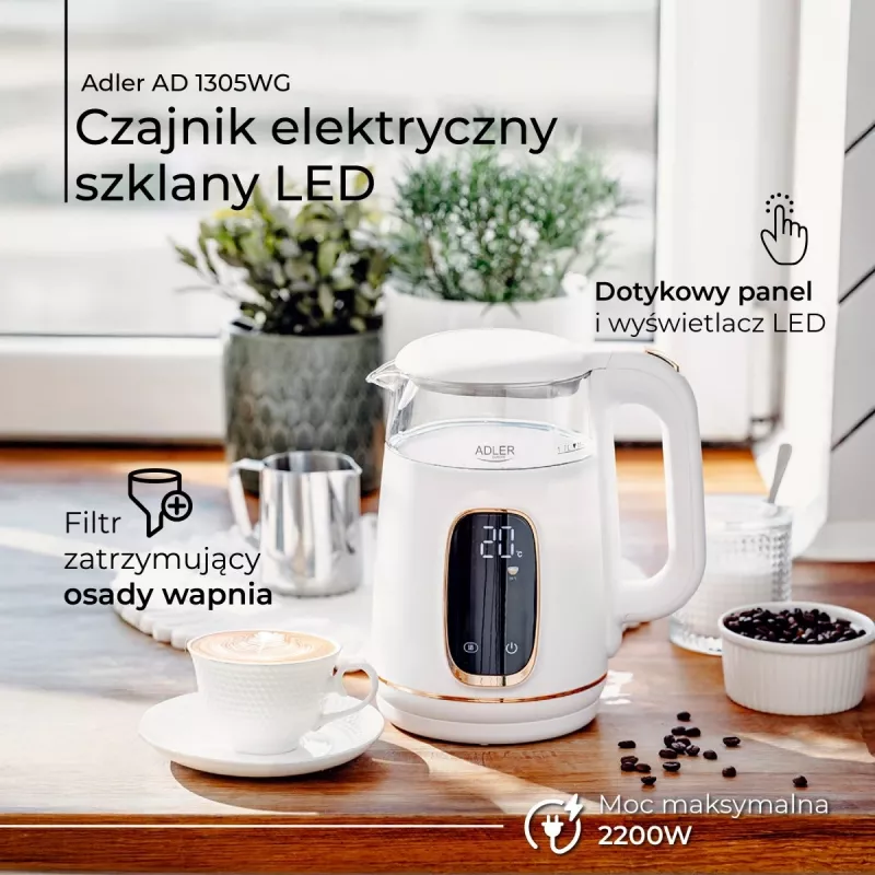 Elektriskā tējkanna Adler AD 1305WG — 1,7 l, 2200 W, stikls/plastmasa, balts/zelta/caurspīdīgs