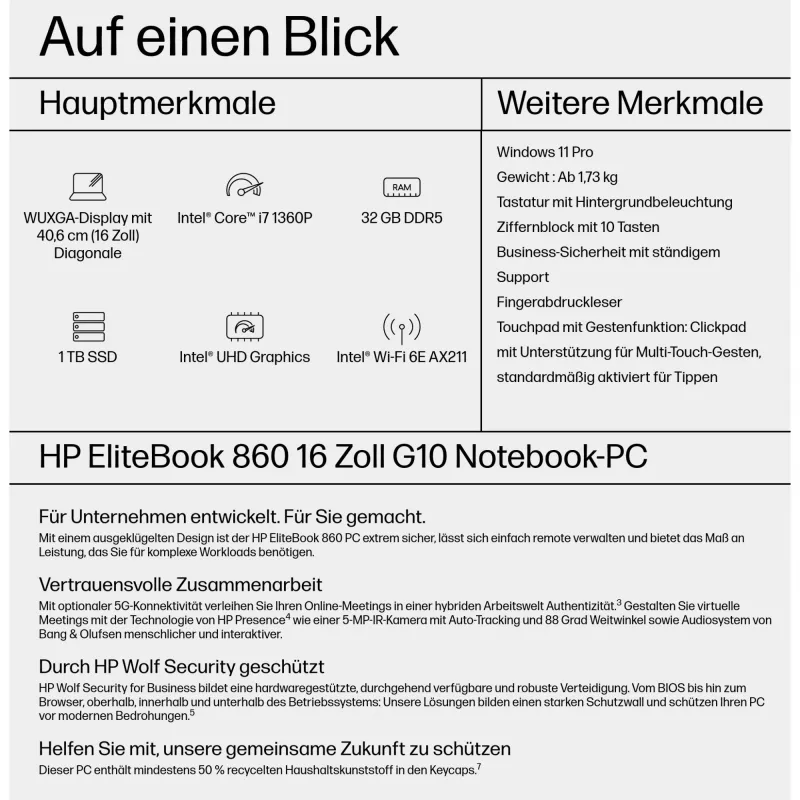 HP EliteBook 860 G10 Notebook - Intel Core i7 1360P / 1.9 GHz - Evo - Win 11 Pro - Intel Iris Xe grafika - 32 GB RAM - 1 TB SSD NVMe, TLC - 40,64 cm (16 inch)