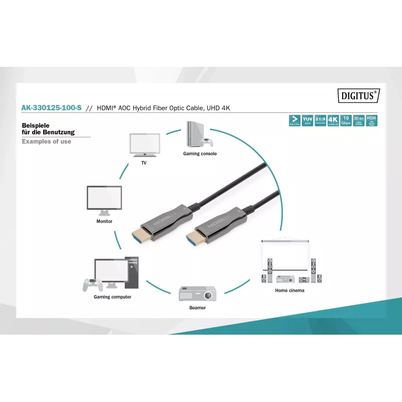 HDMI AOC hibrīda optiskās šķiedras kabelis Digitus AK-330125-100-S