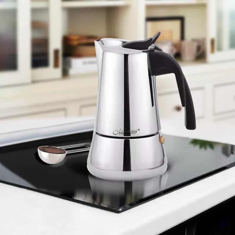 Moka katls Maestro MR-1660 0.2 L nerūsējošā tērauda plīts kafijas automāts, 4 tases, melns rokturis