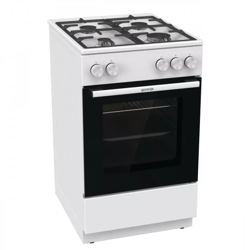 Brīvi stāvoša gāzes plīts ar krāsni Gorenje GG5A10WFFM — 4 degļu plīts virsma, 70 l krāsns, emaljēta augšdaļa, balta