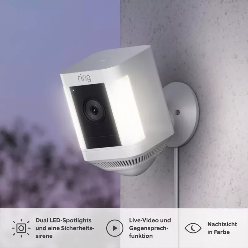 Ring Spotlight Cam Plus tīkla novērošanas kamera ārpus telpām ar pieslēgumu elektrībai