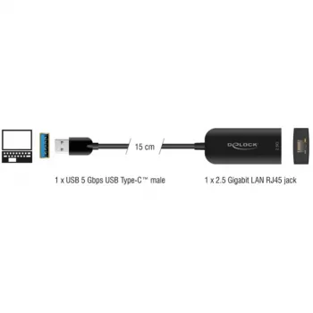 DeLOCK 66045 Kabeļu adapteris USB 5 Gbps Type-A 2,5 Gigabit LAN RJ45 Melns