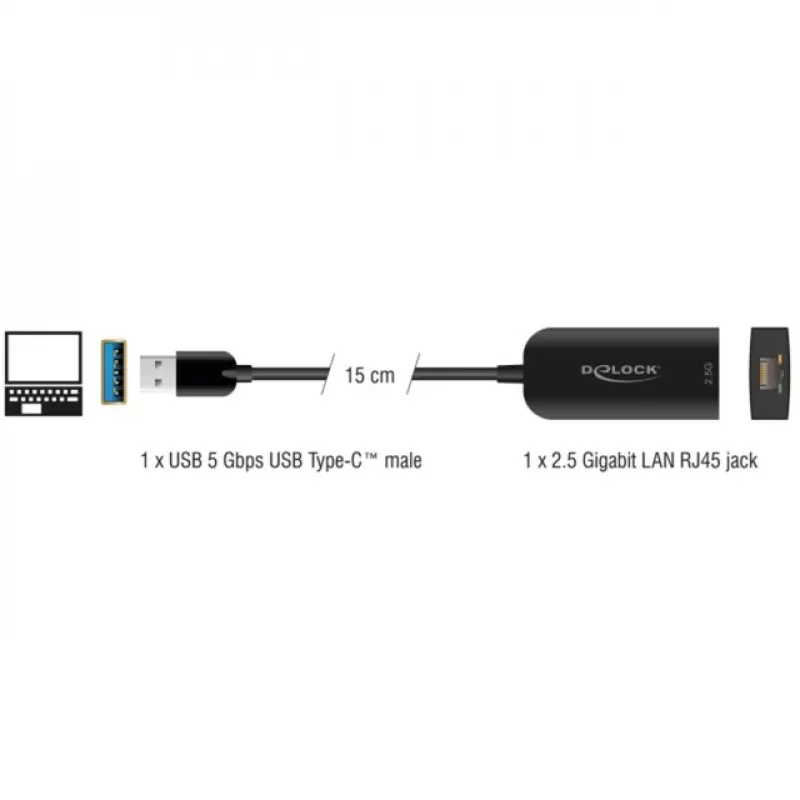 DeLOCK 66045 Kabeļu adapteris USB 5 Gbps Type-A 2,5 Gigabit LAN RJ45 Melns