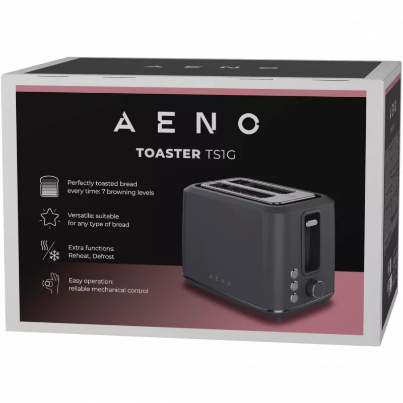 Elektriskais tosteris AENO ATS0001G — 2 spraugu, 220–240 V 50–60 Hz, 920–1080 W, 3 režīmi, 7 apbrūnināšanas līmeņi, pelēks