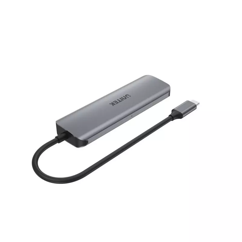 USB centrmezgls Unitek P5+ — 5 porti (4 × USB 3.2 Gen 2 Type-A), USB 3.2 Gen 1 resursdators, 5 Gbit/s, 10 W PD, alumīnijs, pelēks