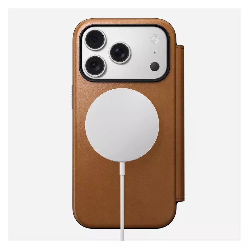 Atvāžamais tālruņa maciņš Nomad Modern Leather Folio iPhone 17 Pro, āda + alumīnijs, 6,3 collas (16 cm), iedegums, 3 karšu kabatas