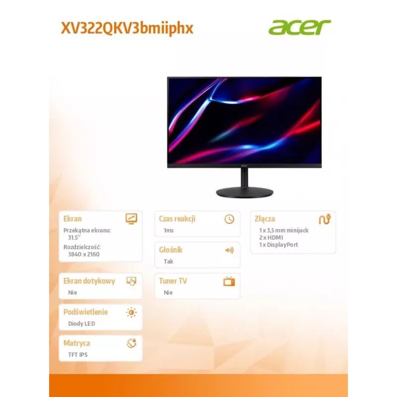 Monitors 32 collu XV322QKV3bmiiphx IPS 160Hz UHD 4K 0,5/350cd/m2 HDMIx2 DP SPEAKER H:090