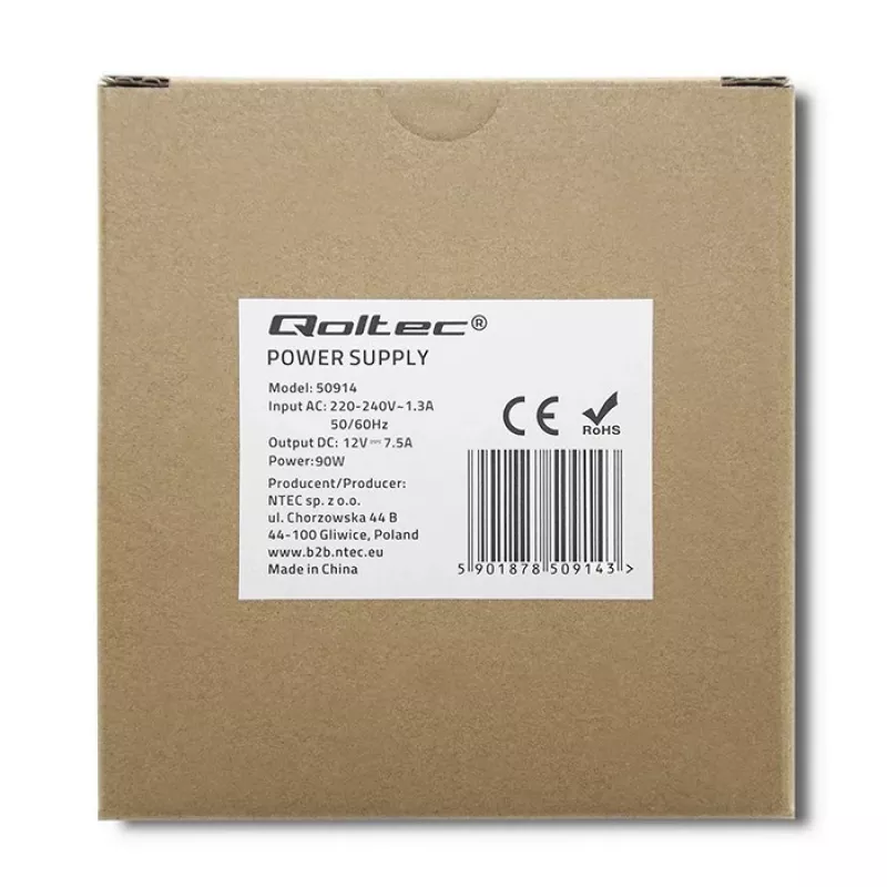 Qoltec 50914 DIN sliedes barošanas bloks | 90W | 12V | 7.5A | Balts | Plāns