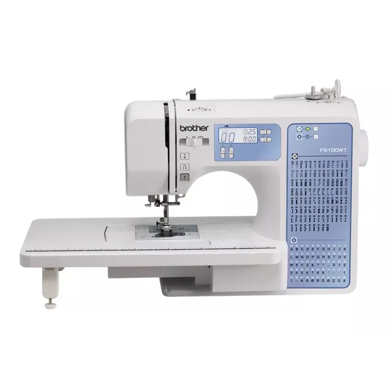 Šujmašīna Brother FS100WT — 100 dūrienu raksti, 850 SPM, 7 mm dūriena platums, automātiskais diegu ievērējs, LCD