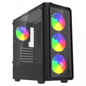 PC kuba korpuss SAVIO Noctis Glass RGB — Melns, ATX/Micro-ATX, 210×410×450 mm, 3×120 mm priekšējie ventilatori
