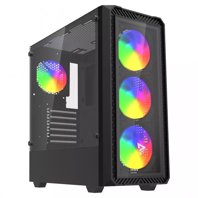 PC kuba korpuss SAVIO Noctis Glass RGB — Melns, ATX/Micro-ATX, 210×410×450 mm, 3×120 mm priekšējie ventilatori