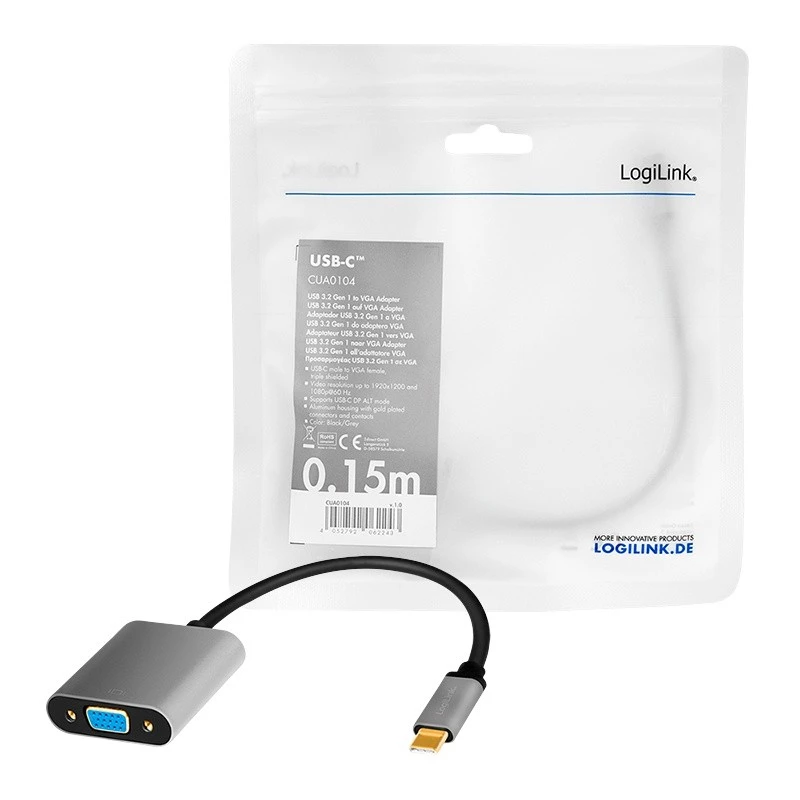 USB Type-C uz VGA (D-Sub) video adaptera kabelis LOGILINK CUA0104 0,15 m, pelēks/melns