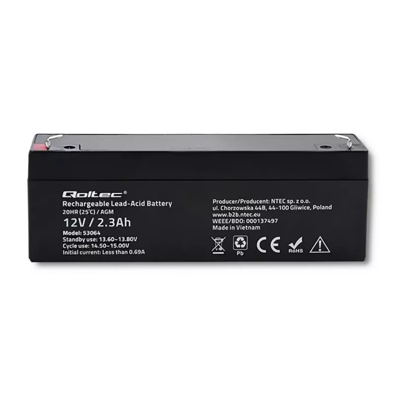 Hermētiska AGM baterija QOLTEC 12V 2.3Ah UPS un rezerves sistēmām, maksimālā izlāde 34.5A