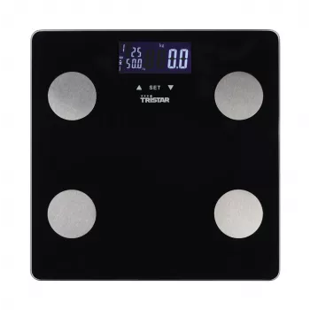 Personālie svari Tristar WG-2442 — digitālie vannas istabas svari, maks. 150 kg, 100 g precizitāte, ĶMI, melni