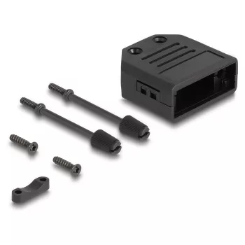 Kabeļa aizsargs DELOCK D-Sub korpuss 9 kontaktu spraudnim/ligzdai, plastmasa ar sprieguma samazināšanu, 33.3×33.8×14.8 mm, melns