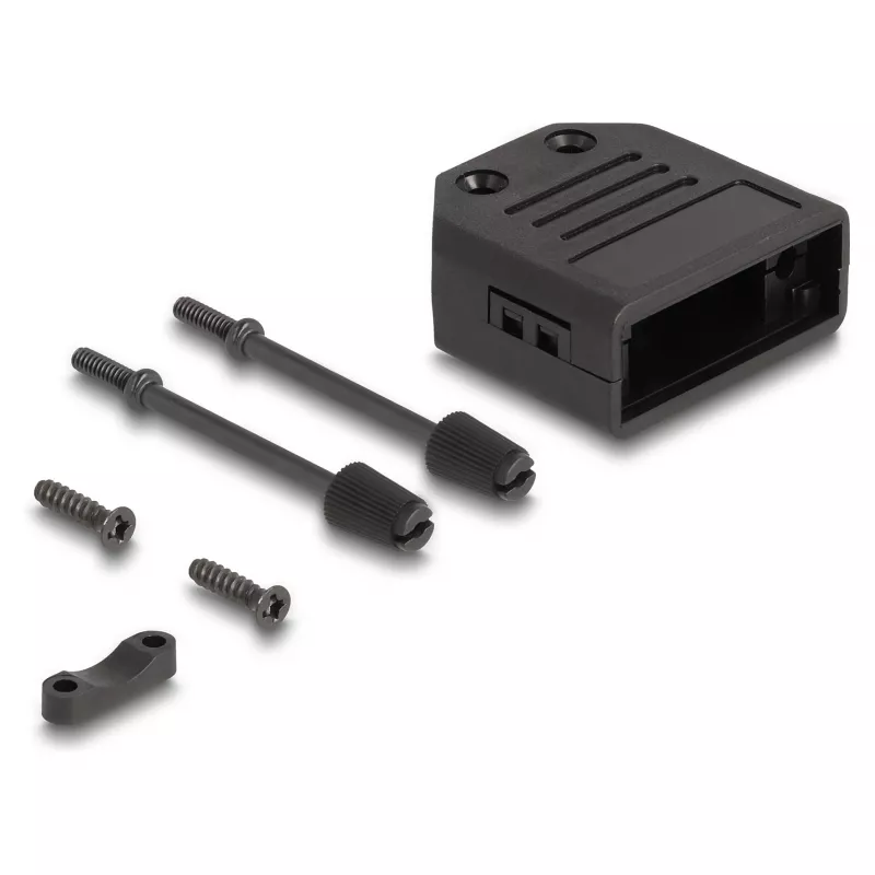 Kabeļa aizsargs DELOCK D-Sub korpuss 9 kontaktu spraudnim/ligzdai, plastmasa ar sprieguma samazināšanu, 33.3×33.8×14.8 mm, melns
