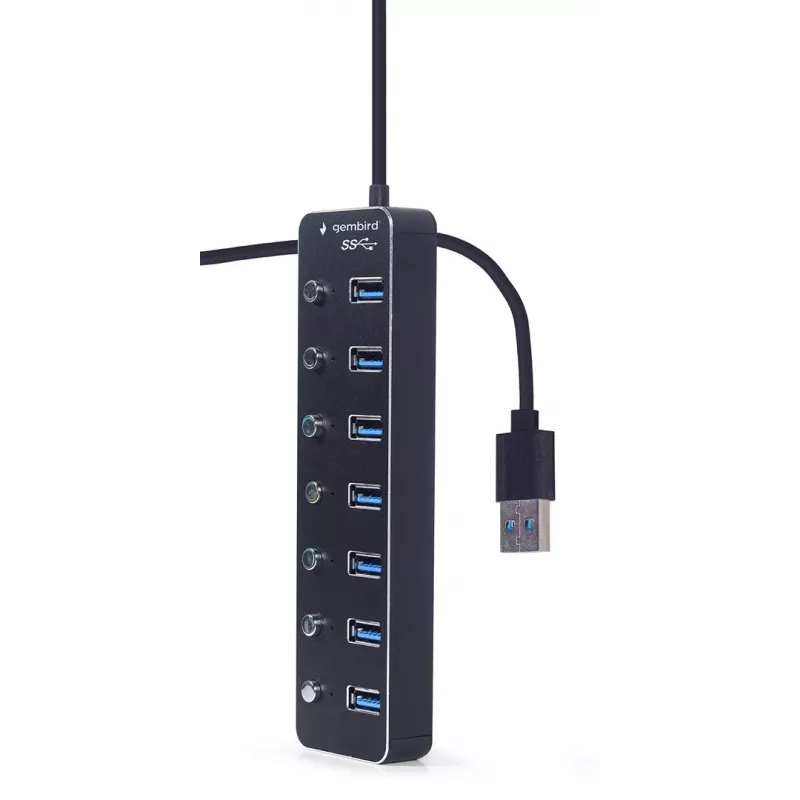 USB centrmezgls Gembird UHB-U3P7P-01, 7 portu USB 3.2 Gen 1 (Type-A), 0,24 m kabelis, melns