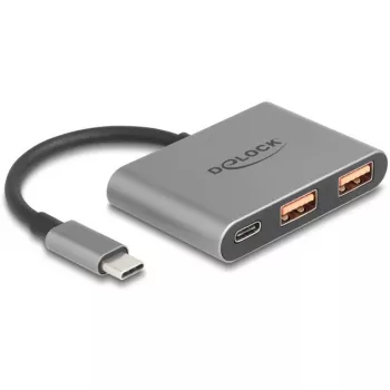 USB centrmezgls DELOCK 64337 — USB 3.2 Gen 2 Type-C saimniekdators, 3 porti (Type-C + 2× Type-A), 10 Gbit/s, pelēks, metāla korpuss