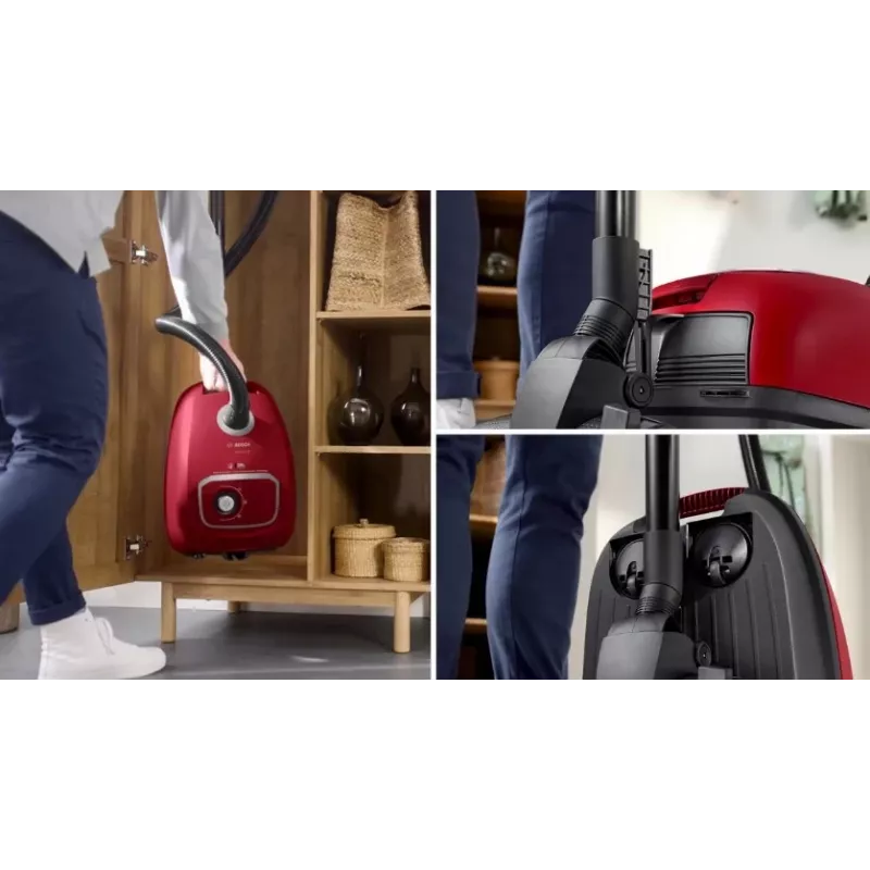 Putekļsūcējs Bosch BGB 41RD3H — 600 W, 4 L putekļu maisiņš, HEPA filtrs, 11 m darba rādiuss, teleskopiskā caurule, sarkans