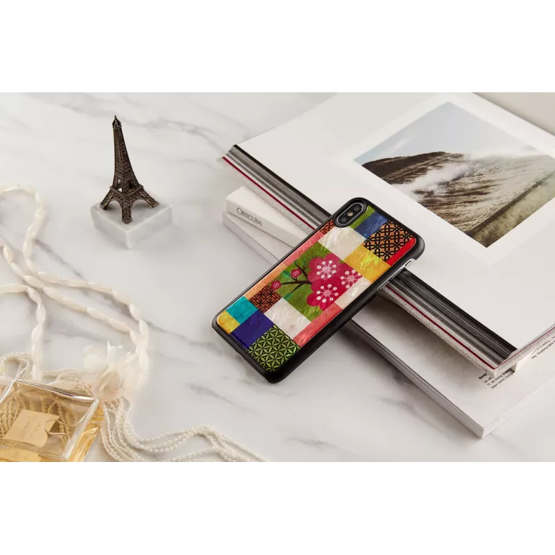 Aizsargājošs viedtālruņa maciņš iKins iPhone XS Max — ķiršu ziedu raksts, melns