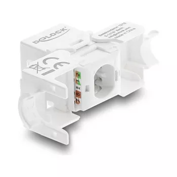 Keystone modulis DELOCK RJ45 uz LSA Cat.6 UTP bez instrumentiem ar putekļu vāciņu, plakans, 16×31,8×19,4 mm, balts/melns