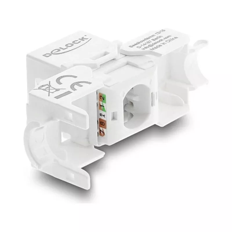 Keystone modulis DELOCK RJ45 uz LSA Cat.6 UTP bez instrumentiem ar putekļu vāciņu, plakans, 16×31,8×19,4 mm, balts/melns