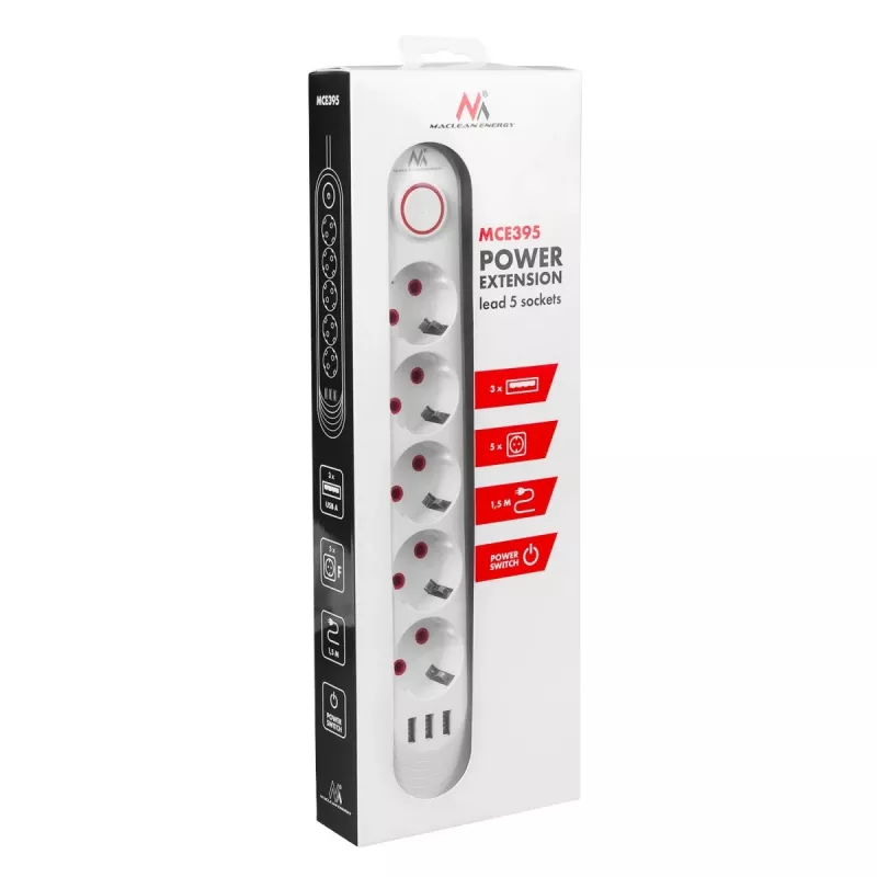 Strāvas sadalītājs MACLEAN MCE395 W — 5 rozetes, 3× USB A, 110–240 V maiņstrāva, 2.1 A USB, maks. 2500 W, balts, 1,5 m kabelis