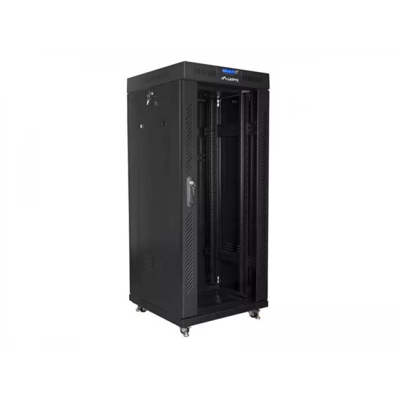 Brīvi stāvošs statīvs LANBERG FF01-6627-12BL 19 collu 27U 600x600 mm stikla durvis, 800 kg ietilpība