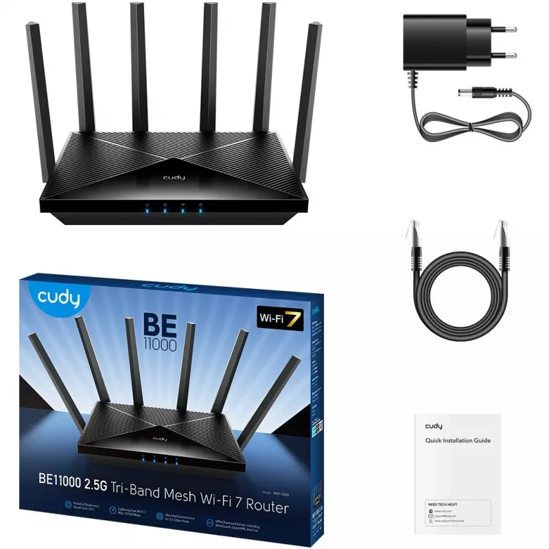 Galda maršrutētājs Cudy WR11000 — trīsjoslu 2,4/5/6 GHz, Wi‑Fi 7, 4× 2,5 Gigabit LAN, 5765 Mb/s 6 GHz joslā, 512 MB RAM