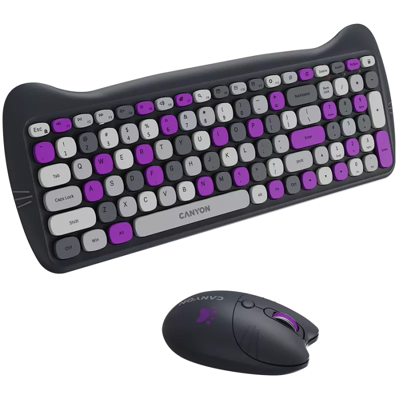 Bezvadu tastatūras un peles komplekts CANYON HSET-W6 Kitty Edition – violeta