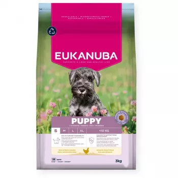 Sausā kucēnu barība EUKANUBA Puppy Small, ar vistu, 3 kg — mazo šķirņu kucēniem 2–4,9 kg, 33% olbaltumvielu, 21% tauku