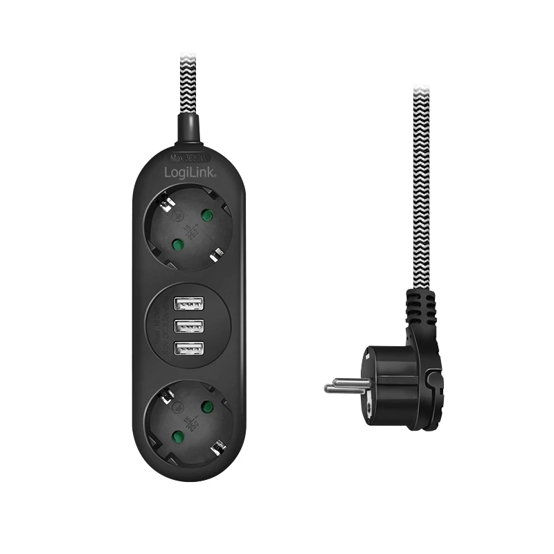 Power Extension LogiLink LPS262U 1.5m 2 AC Outlets Indoor Melns