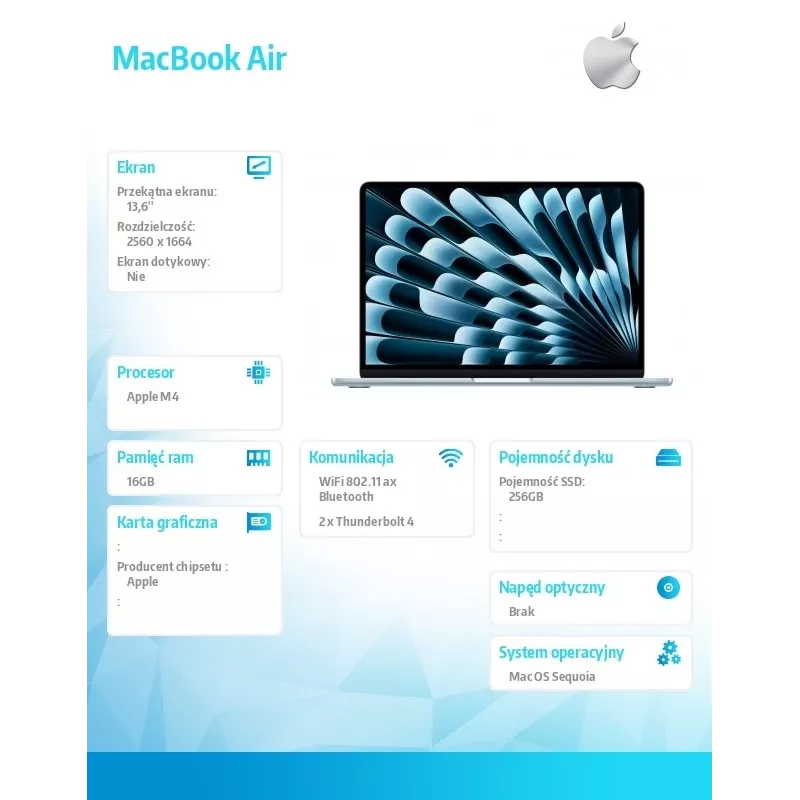 Apple MacBook Air 13 collas : M4 mikroshēma ar 10 kodolu CPU un 8 kodolu GPU, 16 GB, 256 GB SSD - Debeszils