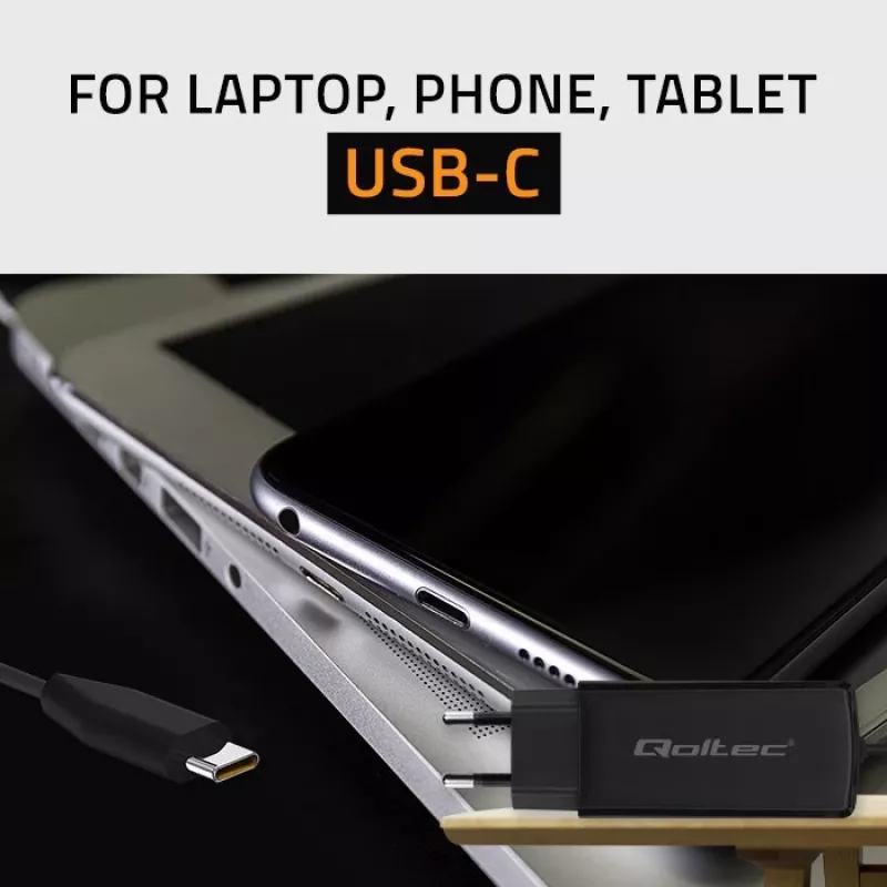 GaN 90W lādētājs QOLTEC 52420 USB-C PD 5–20V 3A/4.5A izeja, 220–240V ieeja, 1,8 m kabelis, melns