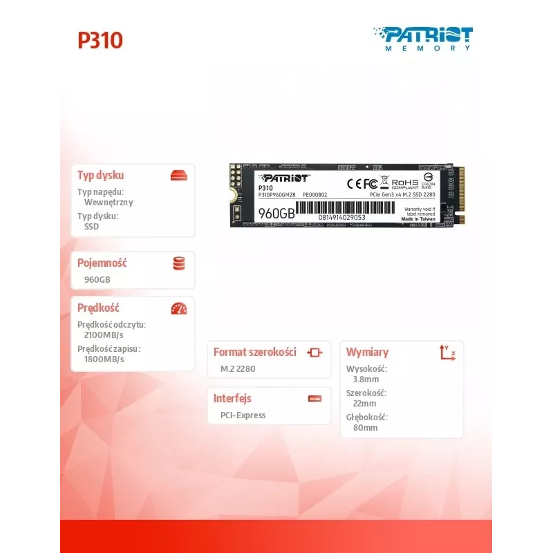 SSD disks Patriot Memory 960GB M.2 PCI Express 4.0 NVMe P310P960GM28