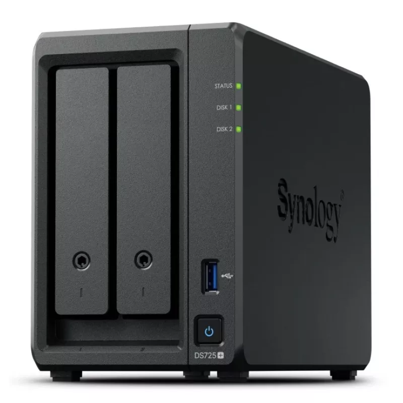 NAS Synology DiskStation DS725+ 2-bay Ryzen R1600 4GB DDR4 ECC, 2.5GbE, 2x M.2, RAID atbalsts, 0TB, Melns