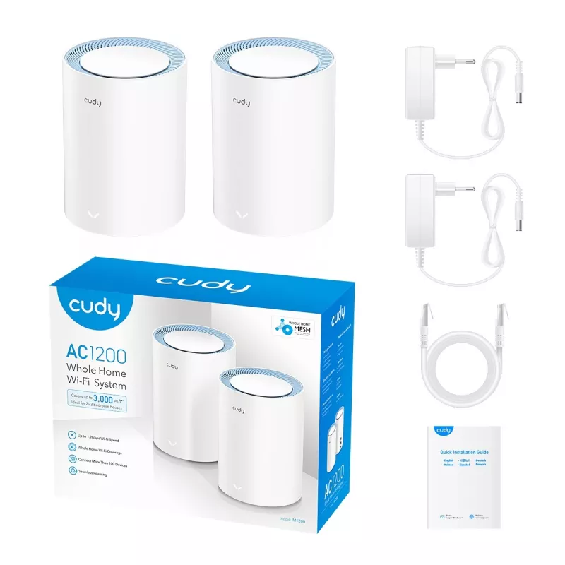 Tīkla sieta sistēma Cudy M1200 2-pack — divjoslu Wi‑Fi 5 (300/867 Mb/s), 2 vienības, 1 LAN ports, atbalsta 100 ierīces
