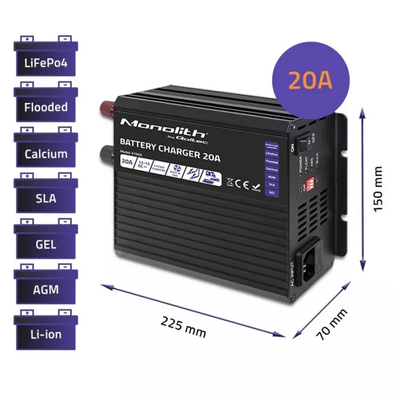 Lādētājs QOLTEC Monolith 20A 12V LiFePO4, AGM, GEL, SLA akumulatoriem