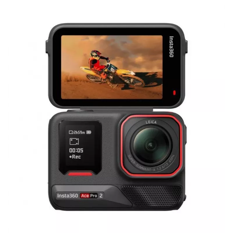 Action sports kamera Insta360 Ace Pro 2 — 50 MP, 8K Ultra HD (7680×3272), 1/1,3 collu sensors, līdz 240 kadriem/s, iebūvēts displejs, Wi‑Fi, MicroSD, 177,7 g, Melna